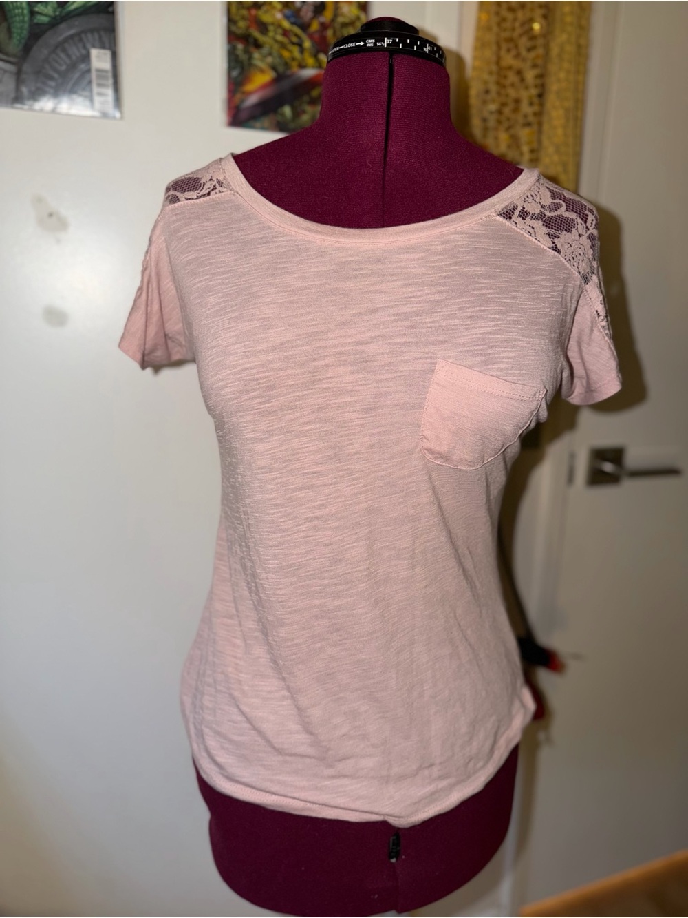 paper tee Blush Pink Lace-Shoulder Pocket Short Sleeve Tee